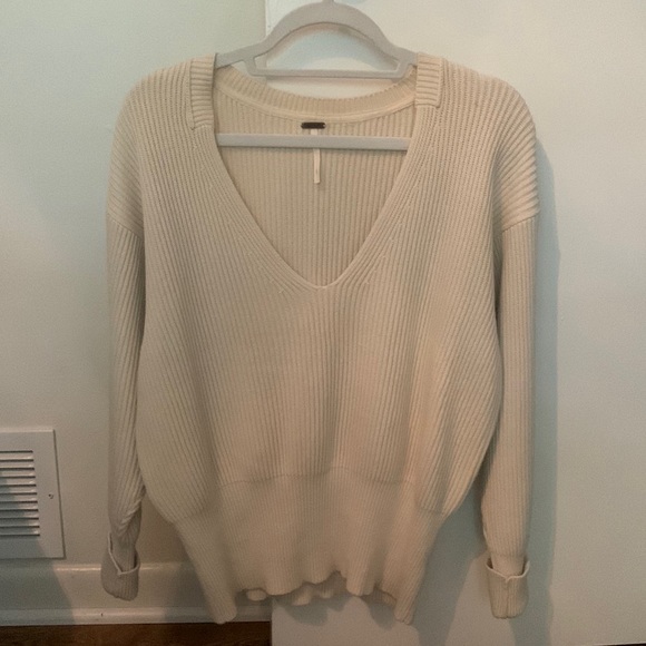 Free People Cream V-Neck Sweater - Picture 1 of 4